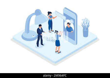 Characters educating online with laptop, smartphone and improving their skills. Self learning, online education and personal growth concept, isometric Stock Vector