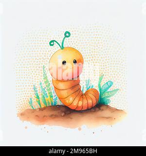 Cute caterpillar character, cartoon watercolor worm, green funny smiling garden insect, animal personage children book illustration. Adorable kawaii p Stock Photo
