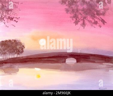 A Dawn River - view toward a low bridge straddling a wide pond or stream, as the new day's sun, reflected in the still water, rises up into the morning sky. Painting by Malcolm Greensmith Stock Photo