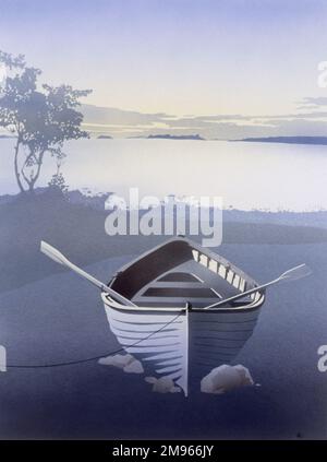 Solitude. An empty rowing boat with oars resting across the sides, rests propped up on some small rocks close to a large lake, glowing in the evening light. An airbrush painting by Malcolm Greensmith. Stock Photo