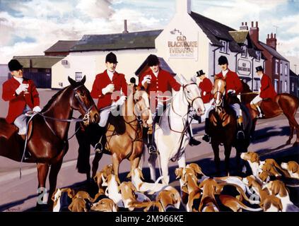 A group of riders and their hounds toast a day at the hunt outside a local pub. Painting by Malcolm Greensmith Stock Photo