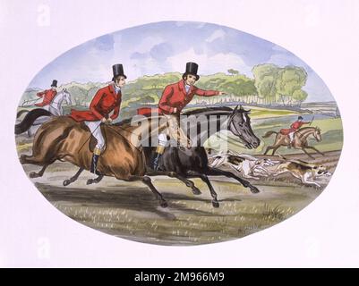 Riders and their hounds hunt a fox in this re-creation of a hunting scene from the first half of the 19th century. Painting by Malcolm Greensmith Stock Photo