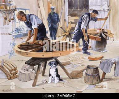 Wheelwrights or wainwrights making large wooden wheels in a traditional rural workshop. Painting by Malcolm Greensmith Stock Photo