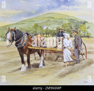A farmer and his heavy horse take a break from working to gather hay on a field. They stop to talk to another farmer and a young lady in white dress and bonnet carrying a basket containing their picnic lunch. Watercolour painting by Malcolm Greensmith Stock Photo