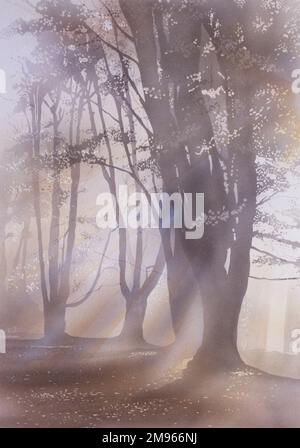 The light from the rising sun bursts through a misty morning scene of an autumnal wood. Airbrush painting by Malcolm Greensmith Stock Photo