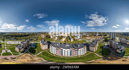 360 degree panoramic view of aerial full seamless spherical hdri 360 panorama view above great height in courtyard of modern multi-storey multi-apartment residential complex of ur