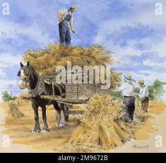 Collecting bales of hay in a horse-drawn wooden wagon. Painting by Malcolm Greensmith Stock Photo