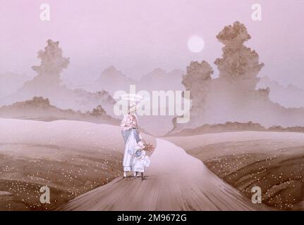 A Mother and her daughter stroll away into the middle distance - an atmospheric scene of mists and purple late afternoon light. Painting by Malcolm Greensmith Stock Photo