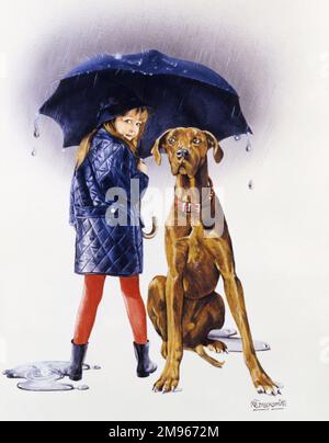 A young girl in red leggings and jacket sheleters from a rain strom under an umbrella alongside her slightly-perplexed-looking (and very large) pet dog. Watercolour painting by Malcolm Greensmith Stock Photo