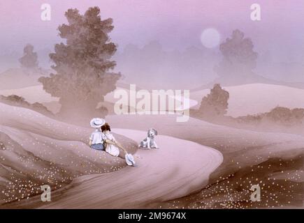 A Boy and girl sit alongside a country lane in purple atmospheric misty light - possibly on a summers evening. Painting by Malcolm Greensmith Stock Photo
