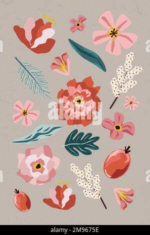 Pink flowers and leaves element set on a beige background evctor Stock Vector