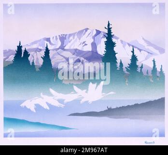 A gaggle of geese flying through the pale misty light over a lake, with snow-covered peaks dominating the background beyond a row of pine trees.  Airbrush painting by Malcolm Greensmith Stock Photo