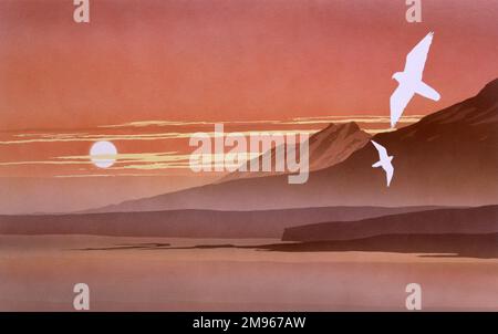 A sunset Fantasy landscape, with two birds of prey (Peregrine Falcons?) swooping across a landscape of high peaks, a still sea and enveloping mists against the descending, pale glowing orb of the sun. Airbrush painting by Malcolm Greensmith Stock Photo