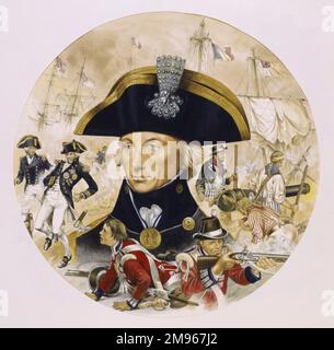 Circular portrait of legendary British naval commander Horatio, Lord Nelson (1758 - 1805) surrounded by scenes depicting his death on the deck of the flagship HMS Victory and fighting during the Battle of Trafalgar. Painting by Malcolm Greensmith Stock Photo