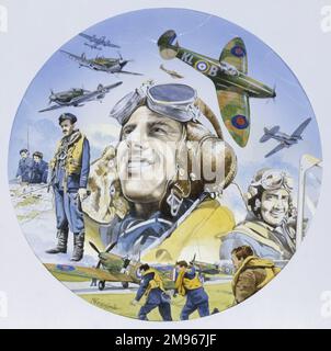 A circular painting depicting the brave men of the Royal Airforce on the ground and in action during the Battle of Briatin Stock Photo