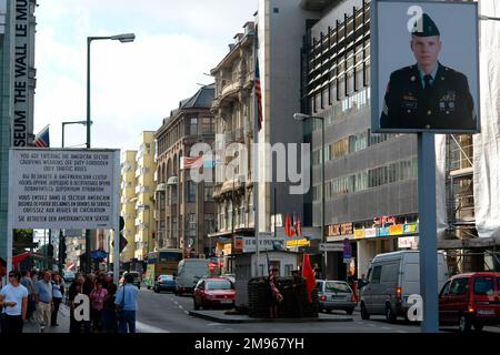 Reconstruction of Checkpoint Charlie for visitors to the museum in Friedrichstrasse, Berlin, Germany. Stock Photo