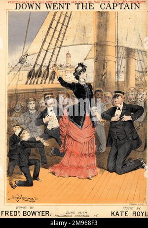 Music sheet cover for Down Went the Captain, with words by Frederick Bowyer and music by Kate Royle, who was also the singer of the song.  The song is about a beautiful young woman who went on a sea voyage for her health, and the captain and his crew all fall in love with her.  A well dressed young lady is depicted on the deck of a ship, with the captain and crew kneeling at her feet. Stock Photo