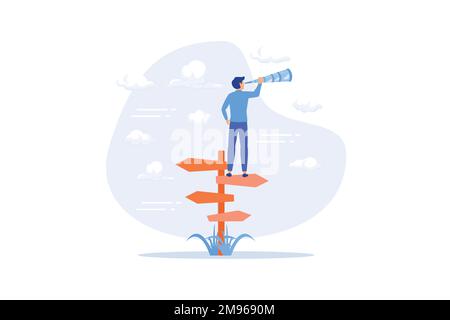Search for right direction, business opportunity or success way, make decision or career path, vision to see future concept, flat vector modern illust Stock Vector