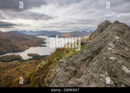 Summit of Ben A'an, looking towards Loch Katrine, Loch Lomand and Trossachs National Park, Scotland