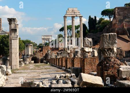 View of the Roman Forum, or Forum Romanum, in Rome, Italy, with the Arch of Titus in the distance at the south east corner. Stock Photo