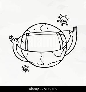 Planet earth wearing a face mask against coronavirus pandemic element doodle vector Stock Vector
