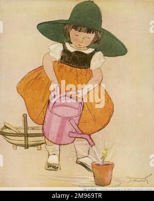 A little girl in a wide brimmed sun hat rather over zealously waters a lone seedling in a plant pot. Stock Photo