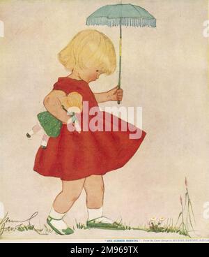 Charming illustration of a little blonde girl in a fetching red dress and green shoes walking through a garden with a doll in one hand and a miniature parasol in the other. Stock Photo