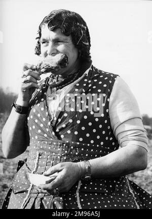 An old gipsy woman standing in a field, eating cabbage.  In her hair can be seen grips and curlers. Stock Photo