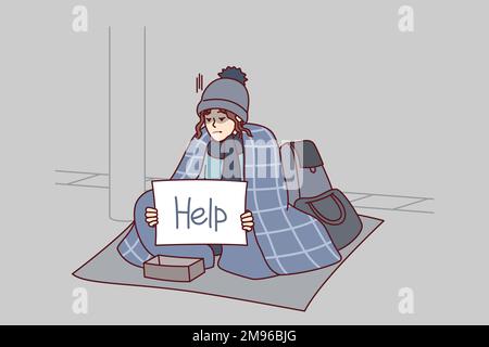 Homeless woman covered with blanket asks for alms sits on ground with inscription help on paper. Unhappy girl outdoor who lost property is in financial trouble and needs support. Flat vector design  Stock Vector