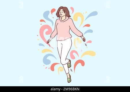Woman walks in weightlessness and waves arms located among multi-colored drops flying in different directions. Carefree girl feels happy after dating or taking antidepressants. Flat vector design  Stock Vector