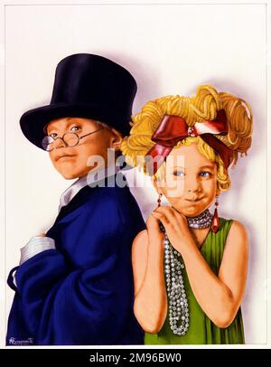 A young boy and girl dressing up in their parents clothing, pretending to be adults. Stock Photo