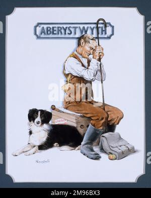 The Railway Sleeper series - A snoozing Welsh shepherd takes forty winks leaning up against his crook, sitting on a wooden crate at Aberystwyth Station, his trusty Collie sheepdog at his feet. Painting by Malcolm Greensmith Stock Photo