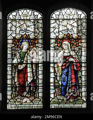 Stained glass window by Percy Bacon & Brothers depicting St John Evangelist and the Blessed Virgin Mary, Minster Abbey Church, Minster on Sea, Kent Stock Photo