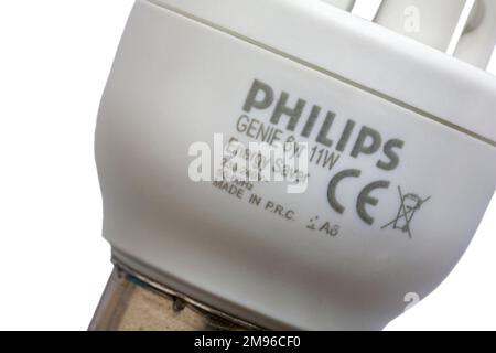 detail on Philips Genie 6yr 11w energy saver made in P.R.C. showing CE mark marking symbol logo, made in China, Made in the People's Republic of China Stock Photo