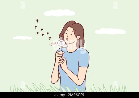 Carefree woman walks in clearing holding dandelion in hands and blows off petals flying away through wind. Relaxed girl walks along green meadow among grass enjoying spring weather. Flat vector design Stock Vector