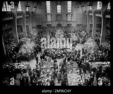 View from the balcony of the Lawrence Hall of the Royal Horticultural Society, Central London, with an exhibition taking place. Stock Photo