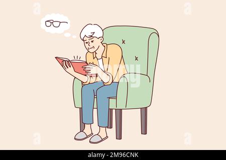 Elderly man reading book thinks about need to buy glasses to improve vision. Gray-haired human sits in chair realizing that he is starting to lose sight while studying literature. Flat vector design  Stock Vector