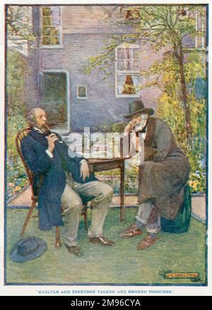 Alfred, Lord Tennyson (1809 - 1892) (left) and Thomas Carlyle (1795 - 1881) talking and smoking together in the garden of Carlyle's house. Stock Photo