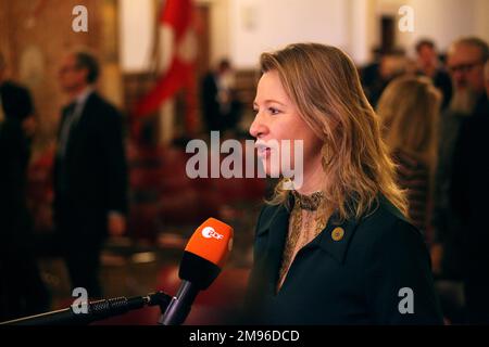 Kopenhagen, Denmark. 17th Jan, 2023. Copenhagen's Lord Mayor Sophie Hæstorp Andersen talks to a ZDF reporter at City Hall. Copenhagen has ushered in a year of architecture in which the Danish capital can call itself the world capital of architecture. Credit: Steffen Trumpf/dpa/Alamy Live News Stock Photo