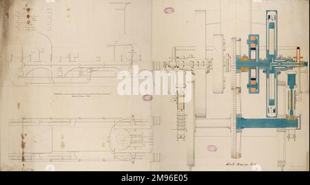 Locomotive engine, 6 foot 6 inch driving wheel, plan, side elevation and cross sections 15 May 1849 Stock Photo