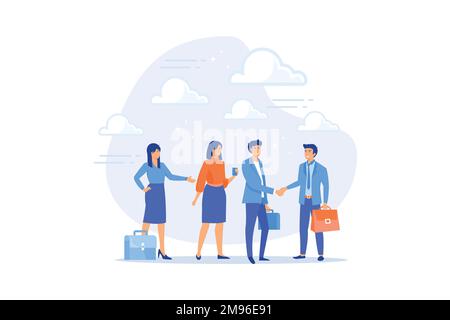 Onboarding new employee, warm welcome to new office, introduce new hire to colleagues, orientation training on first day concept, flat vector modern i Stock Vector