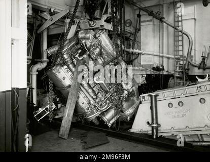 Acton test bed, showing the prototype Deltic engine after the failure ...