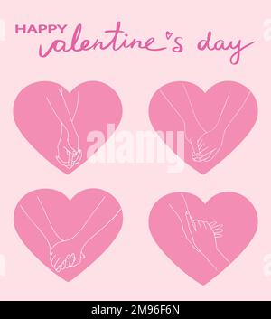 Happy Valentines Day love card. Holding hands set. Heart shapes. Hand in hand. Handwriting. Love theme. Romantic. Hand drawn art Stock Vector