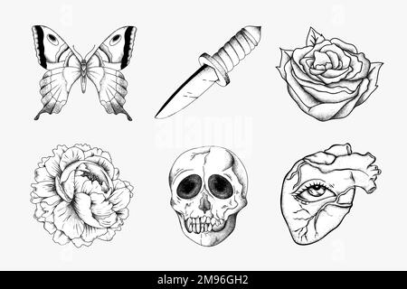 Outline vintage old school flash tattoo design vector set Stock Vector