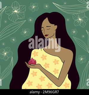 Illustration of a woman holding a lotus against a green floral background. Mother nature. Love to nature. Ecology concept. Hand drawn. Vector art Stock Vector