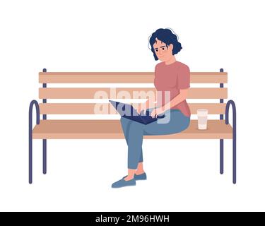 Female freelancer working remotely on bench semi flat color vector character Stock Vector