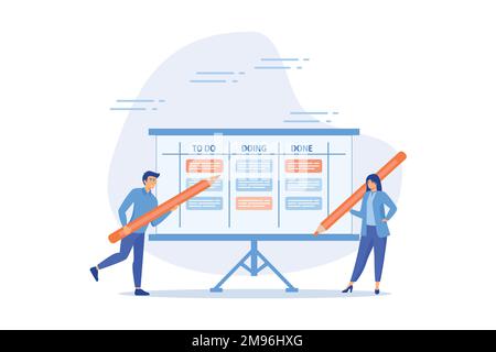 Review work progress on kanban board, todo list, in progress task and finished one, project management or planning for production concept, flat vector Stock Vector