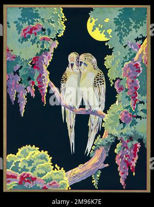 Chocolate box design, featuring two budgerigars sitting on a branch in the moonlight. Stock Photo