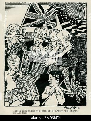 Illustration, Jersey in Jail, showing people celebrating their freedom at the end of the war. Stock Photo