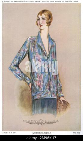 Jumper in hand-printed crepe de chine, with collar and facings of plain silk, from Liberty's own works at Merton Abbey.  Available in a variety of designs and colours, costing £3, 9 shillings and sixpence. Stock Photo